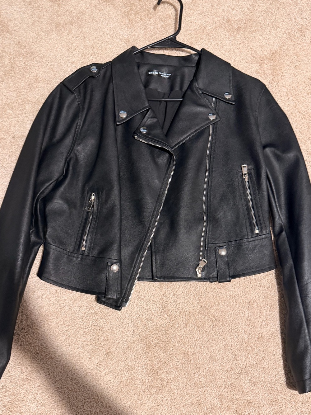 SHEIN Black Faux Leather Asymmetrical Moto Jacket